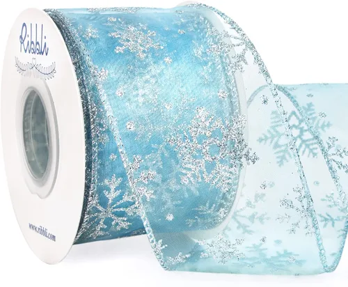 Miniatura 6 de Ribbli Cinta con alambre de purpurina de copo de nieve, organza dorada transparente con patrón de copo de nieve con purpurina dorada y borde