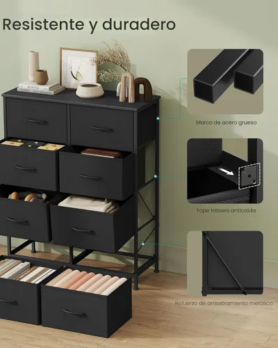 Miniatura 6 de Songmics Cómoda para dormitorio, cómoda de cajones, acero, MDF, 8 cajones de tela no tejida, unidad organizadora de almacenamiento, armario, Tinta