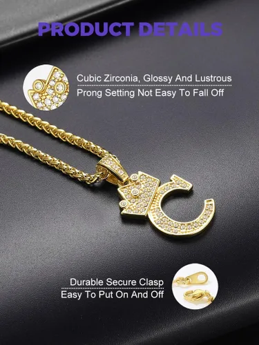 Miniatura 3 de Richsteel Collar con inicial para hombre, chapado en oro de 18 quilates, corona brillante con circonita cúbica, monograma, colgante para mujer