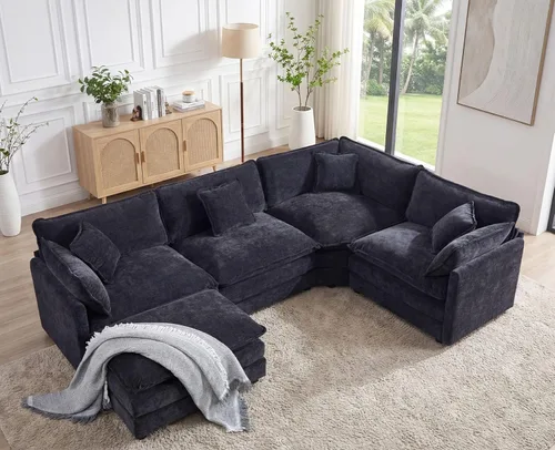 Sofá modular Cloud seccional, moderno sofá modular en forma de L de felpilla con otomana y almohadas, sofás esquineros de asiento profundo de 5 Negro