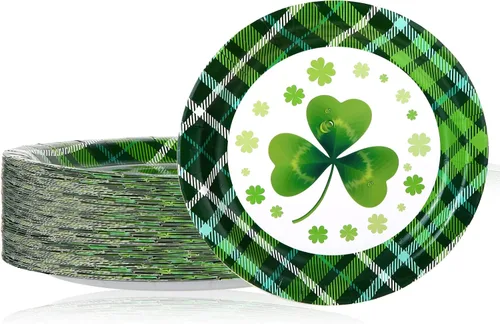 Rtteri 50 platos de papel del día de San Patricio, platos desechables de tréboles de la suerte de 9 pulgadas, platos redondos para fiestas