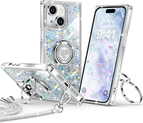 Miniatura 23 de XYZ Funda para iPhone 13, con purpurina brillante con soporte de corazón de 2 anillos y cordón, funda protectora a prueba de golpes con diamantes