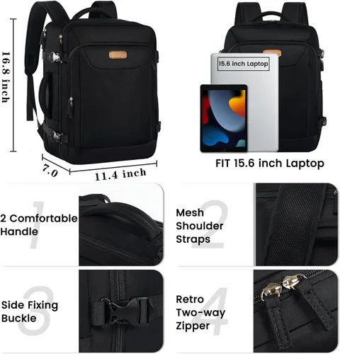 Miniatura 2 de Mochila de viaje aprobada por vuelos, mochila de viaje antirrobo de 15.6 pulgadas, mochila ligera para el fin de semana universitario, bolsa de Negro