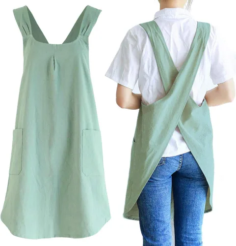 NEWGEM - Delantales de cocina de lino japonés para mujeres y hombres, con tirantes cruzados y bolsillos, para repostería y cocina