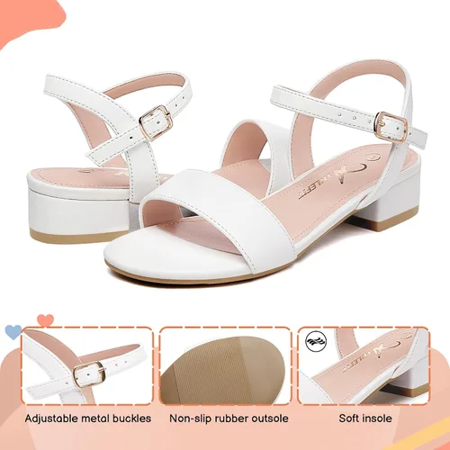 Miniatura 11 de Athlefit Sandalias para niñas, puntera abierta, correa en el tobillo, tacones bajos, zapatos de vestir para niñas pequeñas y grandes