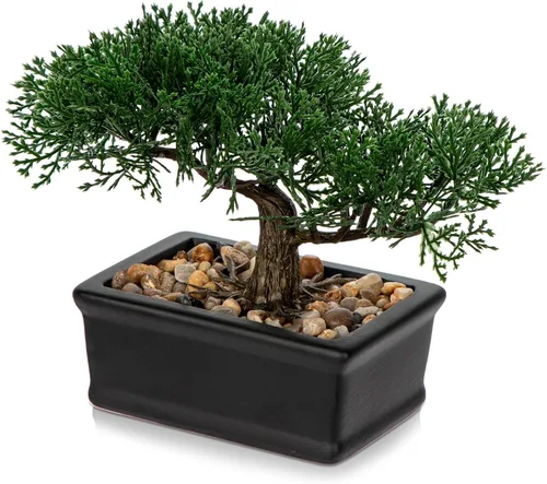 Miniatura 9 de Árbol bonsái artificial, enebro, plantas artificiales para interiores, pequeñas plantas falsas para decoración con macetas de cerámica