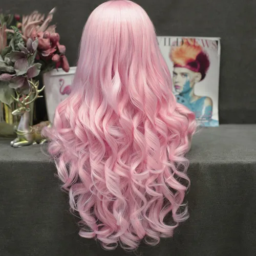 Miniatura 3 de IMSTYLE Peluca sintética larga y ondulada con encaje frontal rosa para mujer, línea capilar natural, para fiesta de cosplay, Halloween, resistente