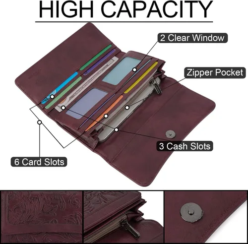 Miniatura 47 de MEITRUE Cartera de cuero para mujer, con bloqueo RFID, triple pliegue, con relieve, soporte para tarjetas, organizador de chequera para teléfono