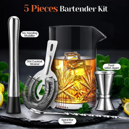 Miniatura 5 de Vaso mezclador de cóctel, kit de barman de cristal de 18 onzas, 5 piezas de vidrio mezclador de barra con colador, mezclador, cuchara, jigger