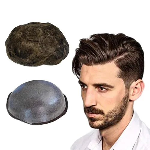 Miniatura 8 de Toupee para hombres, cabello humano para hombre, piezas de cabello de 0.002 in, piel suave y fina, un solo nudo, natural, ondulado, sistema