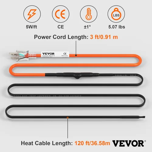 Miniatura 7 de VEVOR Cable de calefacción de tubería autorregulable, cinta térmica de 120 pies de 5 W/ft para protección contra congelación de tuberías, protege