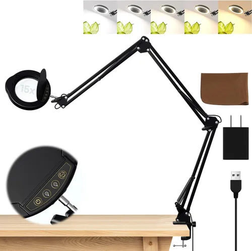 15X Magnifying Glass with Light and Clamp, 84 LED Hands-Free Lighted Magnifying Glass with Clamp, 3-Section Arm | 5 Color Modes Dimming LED Desk