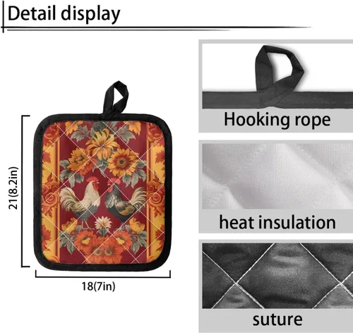 Miniatura 4 de Juego de soportes para macetas de flores rojas de pollo blanco y negro, resistentes al calor, almohadillas calientes para horno, antideslizantes