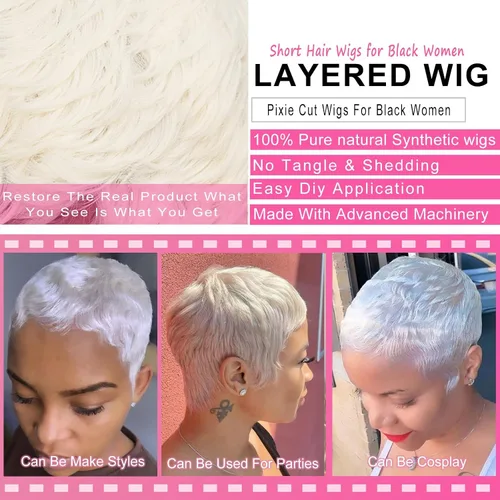 Miniatura 3 de Peluca Pixie blanca corta para mujeres negras, peluca blanca de corte pixie para mujeres negras, pelucas de pelo corto sintético en capas