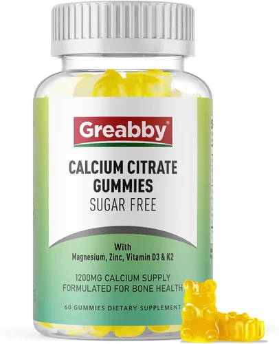 Gomitas de citrato de calcio de 1200 mg para mujeres y niños, suplemento de calcio sin azúcar con vitamina D3, K2, magnesio, zinc, soporte óseo para