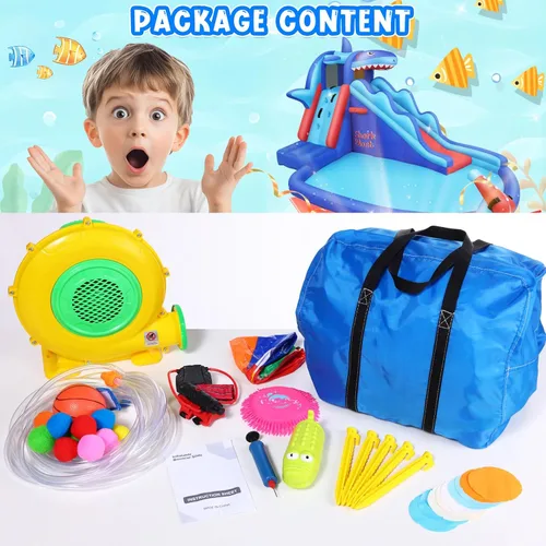 Miniatura 3 de AKEYDIY Toboganes acuáticos inflables, estilo tiburón, parque acuático inflable al aire libre con escalada, borde de baloncesto, piscina