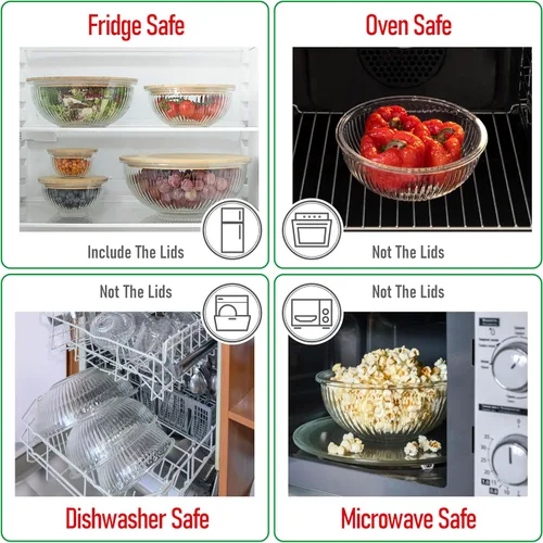 Miniatura 6 de Juego apilable de 5 cuencos de vidrio anidados para ahorrar espacio con tapas de bambú para preparación de alimentos, almacenamiento, horneado