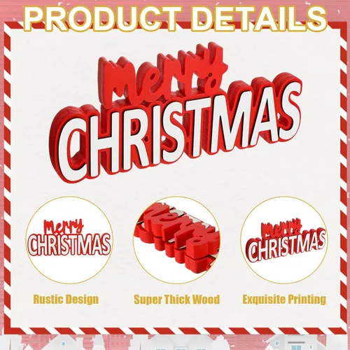 Miniatura 3 de 2 letreros de madera de Navidad con texto en inglés "Merry Christmas", centro de mesa, decoración de ventana de Navidad, bloques de adornos