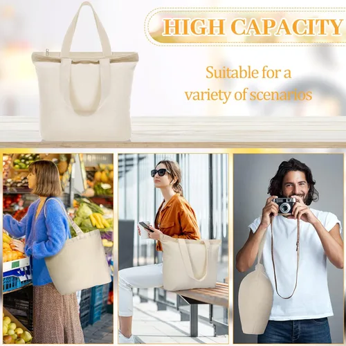 Miniatura 6 de Silkfly 20 Bolsas de Lona a Granel de 16.5x13.4'' Bolsas de Lona de Algodón en Blanco con Asas y Cremallera Reutilizables Lisas para Comestibles