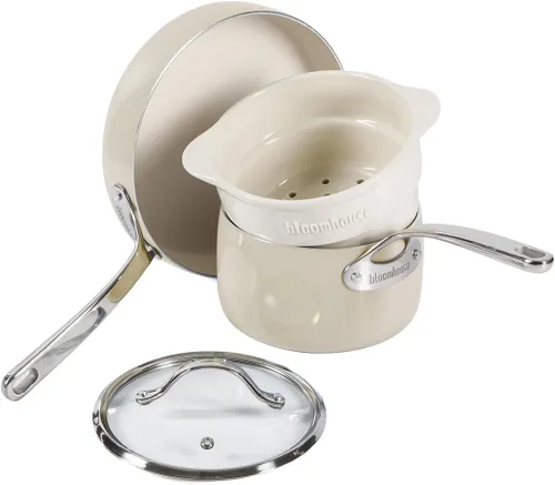 Bloomhouse Juego de 4 ollas y sartenes de aluminio de calibre pesado con interior de cerámica antiadherente no tóxico e inserto de vapor de