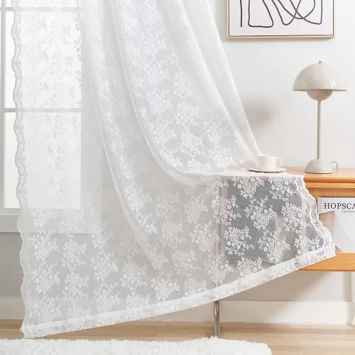Miniatura 4 de YJ YANJUN Cortinas de encaje blancas traslúcidas de 96 pulgadas de largo, 2 paneles, cortinas de encaje floral de estilo antiguo para sala de estar
