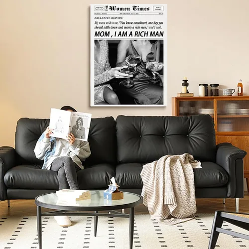 Miniatura 6 de Arte de pared de periódico retro, arte de pared de moda con texto en inglés "Mom I Am A Rich Man", divertido póster estético de habitación indie