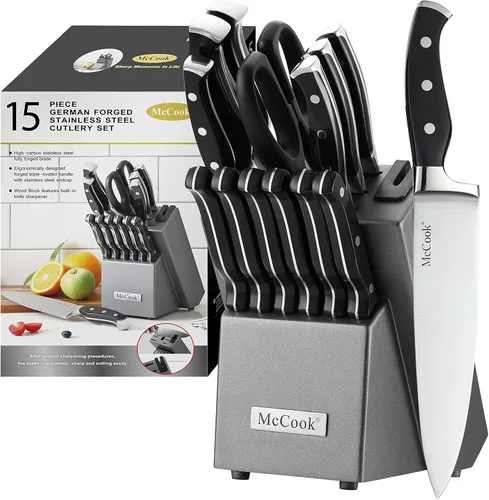 McCook® Juegos de cuchillos, juego de cuchillos de cocina alemán de acero inoxidable con afilador incorporado Negro/Grafito