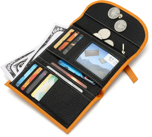 Miniatura 5 de Cartera de cuero genuino para mujer, con cierre de cremallera, monedero, monedero, gran capacidad, Negro -, Billetera triple