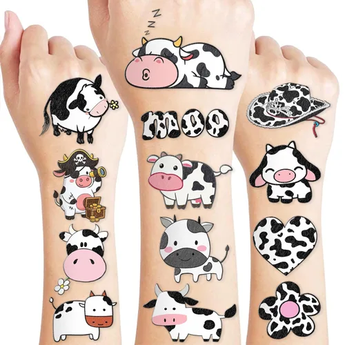 96 tatuajes temporales precortados de vaca para niños, suministros para fiestas de cumpleaños de animales de granja, decoraciones y recuerdos,