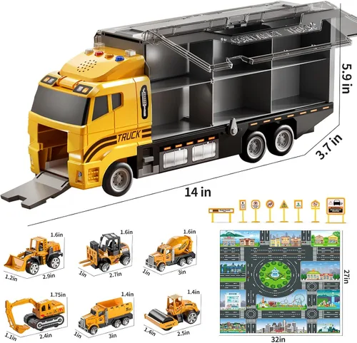 Miniatura 2 de TEMI Juego de camiones de construcción con alfombra de juego, juguetes de camión transportador para niños pequeños, juego de autos de juguete