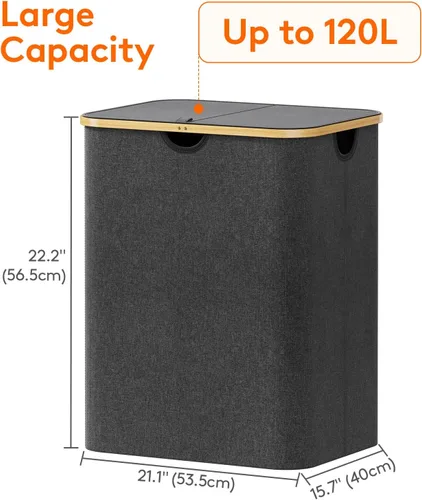 Miniatura 4 de Lifewit Cesta de ropa de 120L con tapa, cestas de ropa para lavandería con asas de bambú y una bolsa de lavandería extraíble, cesta plegable grande