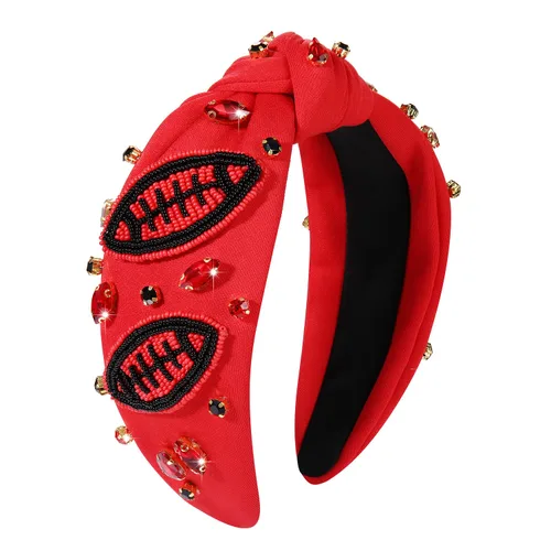 Miniatura 12 de Diademas anudadas de fútbol para mujer, diadema deportiva para el día del juego, diadema de cristal perlado con nudo superior ancho, accesorios
