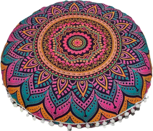 Miniatura 5 de CRAFT KALA Funda de cojín redonda de 22" con mandala bohemio para meditación, para sala de estar, habitación de yoga, funda de asiento para puffs