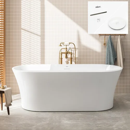 Miniatura 46 de FerdY Shangri-La - Bañera de acrílico independiente de 67 pulgadas, bañera de remojo de acrílico de forma ovalada clásica con desagüe de níquel