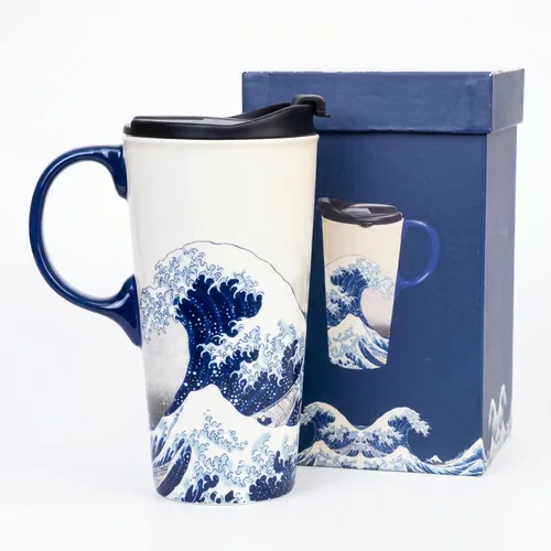 DUSVALLY - Taza de viaje de cerámica de 17 onzas con tapa y asa, taza de café de gran ola, taza de té de arte japonés, apta para microondas y