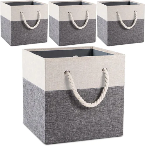 Miniatura 8 de PRANDOM Contenedores plegables grandes de almacenamiento de 11 x 11 pulgadas [paquete de 4] cestas de almacenamiento de tela de lino, cubos con asas