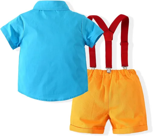 Miniatura 3 de Kimocat Conjunto de traje casual de verano para bebé y niño manga corta pajarita tirantes y pantalones cortos