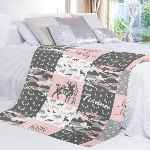 Miniatura 3 de Manta personalizada de Little Antler Man Woodland Pink con nombre y texto, manta de forro polar súper suave personalizada para sofá, cama, 50 x 60