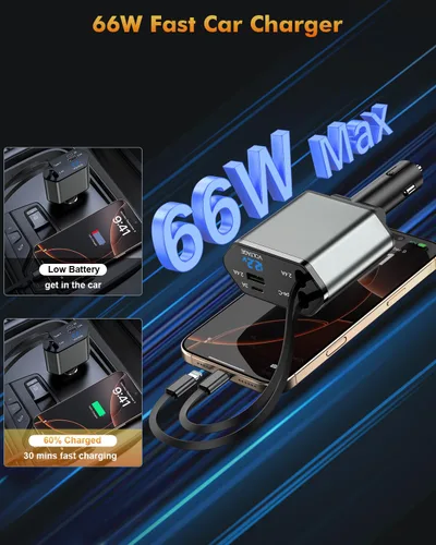 Miniatura 2 de Cargador de Coche Retráctil, Adaptador de Cargador de Coche iPhone 16 15 de 66W 4 en 1 con 2 Cables de Cargador iPhone Retráctiles