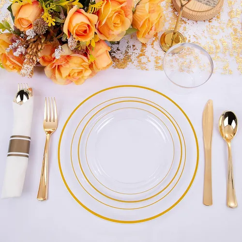 Miniatura 4 de WELLIFE 350 platos de plástico dorado transparente, 100 platos desechables, 150 cubiertos de plástico, 50 tazas, 50 servilletas para bodas y fiestas