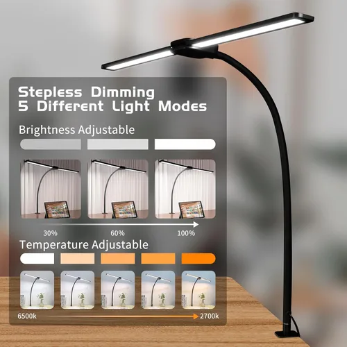 Miniatura 3 de Lámpara de escritorio LED con dos cabezales, lámpara de escritorio con abrazadera, 12W, 2000 LMS, CRI>90, 5 modos de color (2700K-6500K), varios
