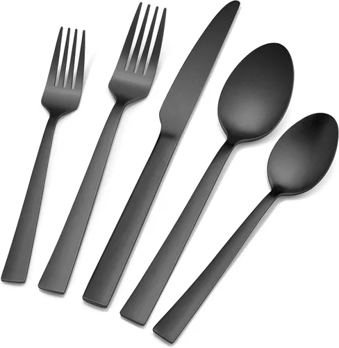 E-far - Juego de cubiertos de acero inoxidable de 20 piezas, color negro mate, para 4 personas, cubiertos de metal, incluye tenedores, cucharas,