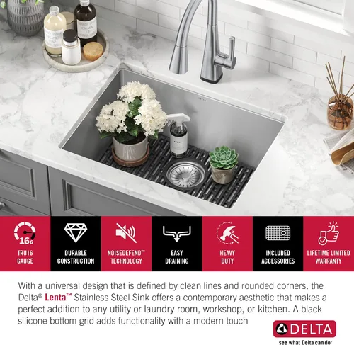 Miniatura 6 de DELTA FAUCET Delta Lenta 953034-24SL-SS - Fregadero de cocina de acero inoxidable calibre 16 de 24 pulgadas con accesorios, color satinado