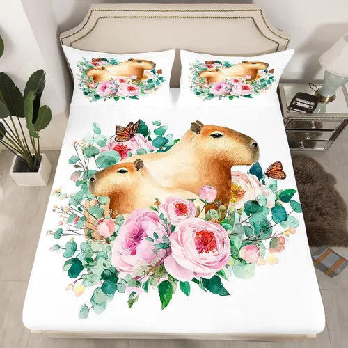 Capybara - Sábana bajera ajustable tamaño individual, sábanas florales kawaii, diseño de animales rosados, dibujos animados, vida silvestre, roedor,