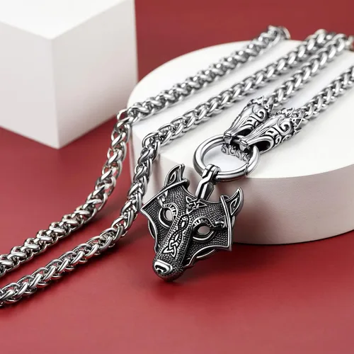 Miniatura 8 de FaithHeart Collar grueso de collar vikingo nórdico punk, de acero inoxidable, nudo celta, cabeza de lobo, amuleto, joyería de regalo