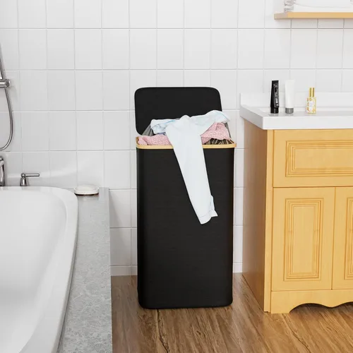 Miniatura 3 de SUOCO Cesta de lavandería con tapa, cesta de ropa de 29 galones (110L) con asas de bambú, cesta grande plegable para la ropa sucia para dormitorio