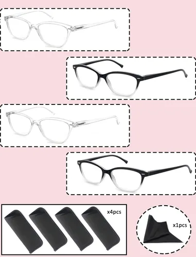 Miniatura 6 de Gafas de lectura para mujer + 1.75 elegantes anteojos con aumento para mujer, paquete de 4 unidades, ligeros y cómodos (negro, marcos transparentes)