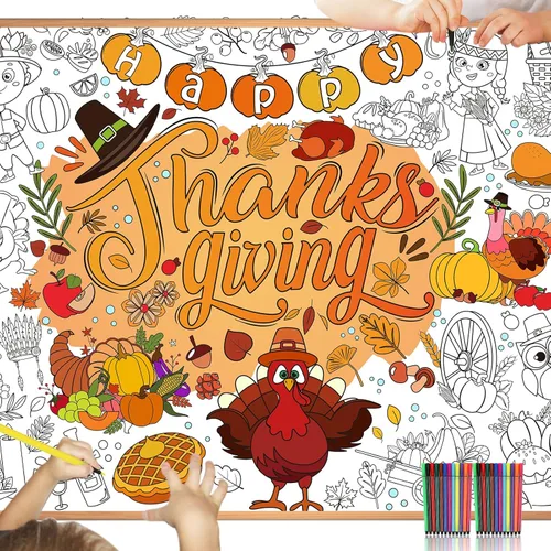 HOWAF Póster para colorear con 24 bolígrafos de pintura, cartel gigante para colorear con texto en inglés "Give Thank Things", mantel gigante para