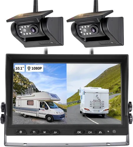 10.1 pulgadas - 2 cámaras de respaldo inalámbricas solares magnéticas, monitor HD 1080P DVR, sistema de cámaras duales para remolque de enganche RV