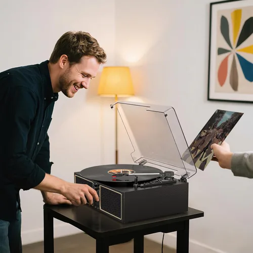 Miniatura 9 de Tocadiscos de vinilo Bluetooth, reproductor LP de 3 velocidades con altavoces, reproductor de discos retro para discos de vinilo, salida RCA AUX